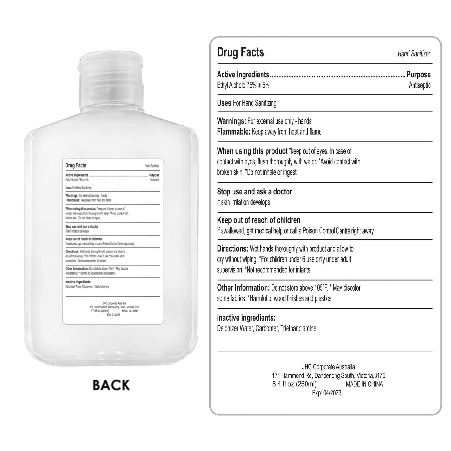 250ml Hand Sanitiser Gel 75% Alcohol