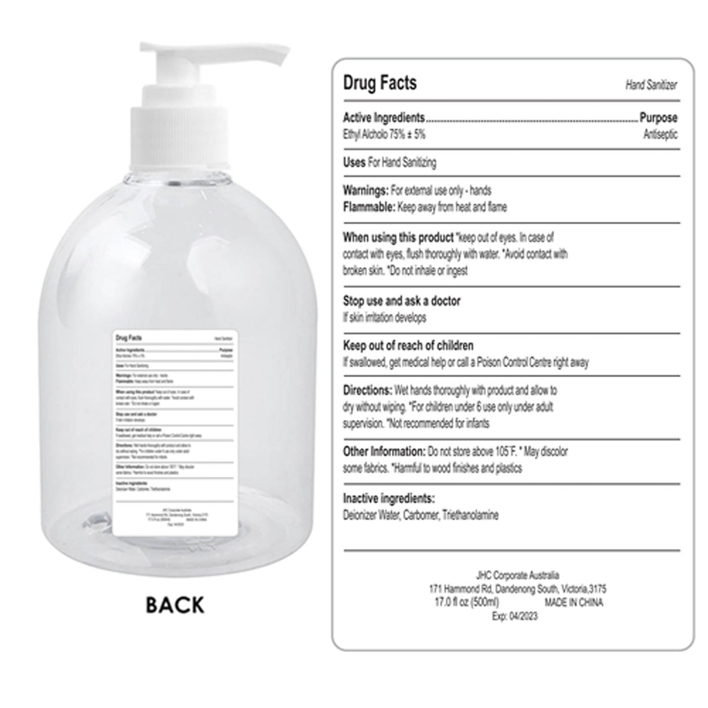 500ml Hand Sanitiser Gel 75% Alcohol